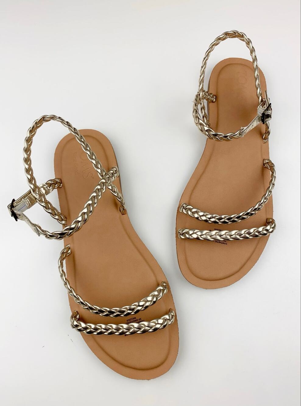 Toms Kira Sandals Metallic Gold Braided Straps Flats Faux Leather Women's 9.5